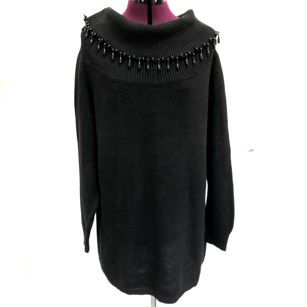 Work in Progress Sweater Women’s M Ramie Cotton Black Embellished Cowl Neck